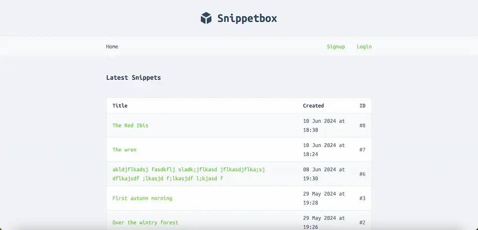 Screenshot of Snippetbox project